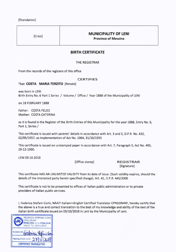 Maria Terzita Costa Birth Certificate 5 English Translation.png
